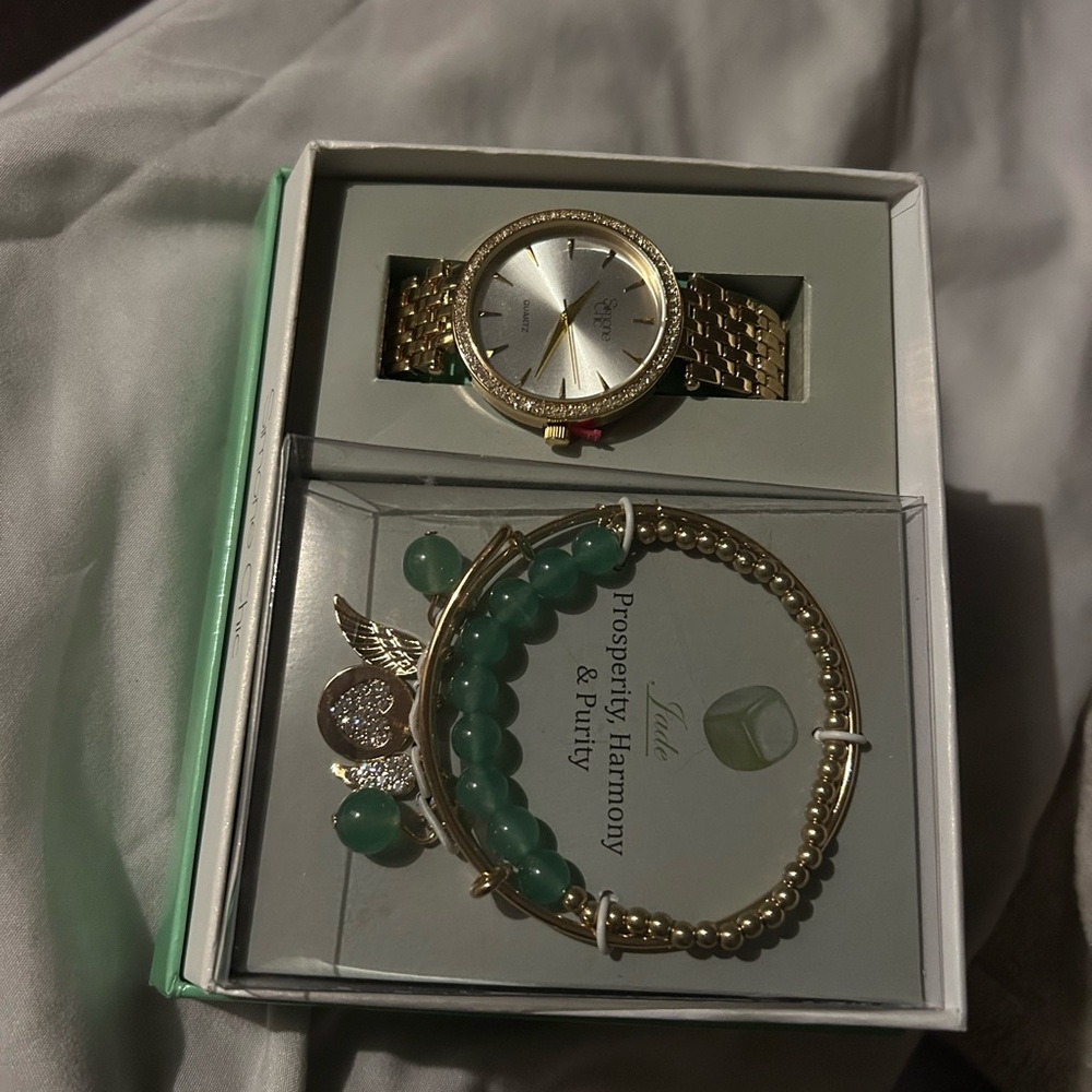 Gold Watch with Green jade Beaded Bracelet